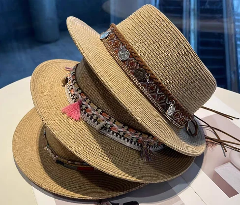 Boho Brauner Damen Stroh Strandhut